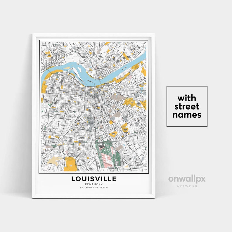 Louisville Map Print, Noms de rue Louisville Print, Carte de Louisville, City Map Art, Louisville Kentucky Map Art, Affiche cadeau de voyage image 1