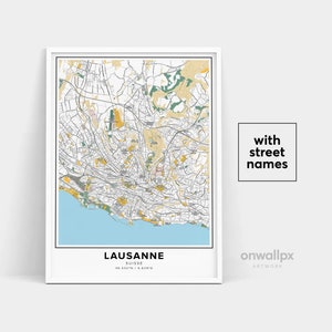 Impressão de mapa de Lausanne, impressão de nomes de ruas de Lausanne, mapa imprimível de Lausanne, arte de mapa da cidade, arte de mapa de Lausanne Suíça, pôster de presente de viagem