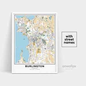 Burlington Map Print, Street Names Burlington Print, Map Of Burlington, City Map Art, Burlington Vermont Map Art, Travel Gift Poster