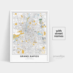 Impressão de mapa de Grand Rapids, impressão de nomes de ruas de Grand Rapids, mapa de Grand Rapids, arte do mapa da cidade, mapa de Grand Rapids Michigan, pôster de presente de viagem