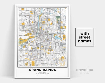 Grand Rapids Map Print, Street Names Grand Rapids Print, Map Of Grand Rapids, City Map Art, Grand Rapids Michigan Map, Travel Gift Poster