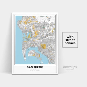 San Diego Karte Druck, Straßennamen San Diego Druck, Karte von San Diego, Stadt Karte Kunst, San Diego Kalifornien Karte Kunst, Reise Geschenk Poster