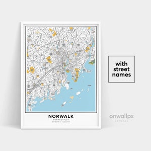 Impressão de mapa de Norwalk, impressão de nomes de ruas de Norwalk, mapa para impressão de Norwalk, arte de mapa da cidade, arte de mapa de Norwalk Connecticut, pôster de presente de viagem