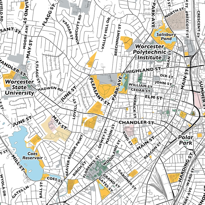 Worcester Map Print, Street Names Worcester Print, Printable Map of