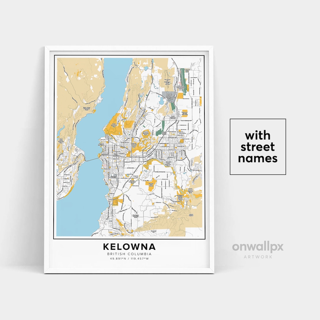 Kelowna Map Print, Street Names Kelowna Print, Printable Map of Kelowna