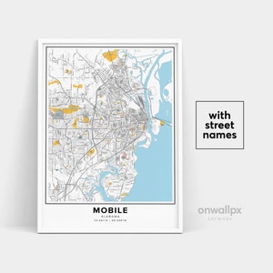 Impression mobile de carte, impression mobile de noms de rues, carte imprimable de Mobile, art de plan de ville, art de carte mobile d'Alabama, affiche de cadeau de voyage