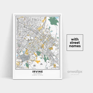 Impressão de mapa de Irvine, impressão de nomes de ruas Irvine, mapa imprimível de Irvine, arte de mapa de cidade, arte de mapa de Irvine Califórnia, pôster de presente de viagem