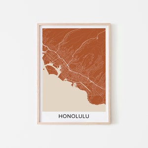 Honolulu Karte Kunstdruck, Honolulu Rost Farbe Karte Poster, Honolulu Geschenk Wandkunst, neutrale Farben Karte von Honolulu, Innen-Wand-Dekor - RM05