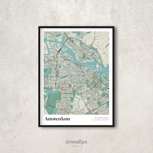 Poster impression carte d'Amsterdam, décoration carte d'Amsterdam rétro, art mural cadeau Amsterdam vintage, plan de la ville d'Amsterdam Pays-Bas rétro, décoration murale