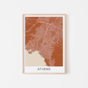 Athen Karte Kunstdruck, Athen Rost Farbe Karte Poster, Athen Geschenk Wandkunst, neutrale Farben Karte von Athen Griechenland Interieur - RM13