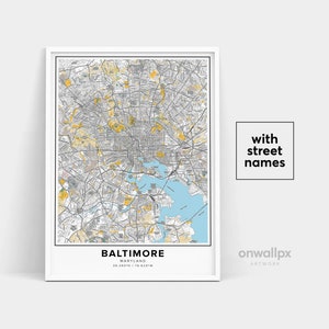 Impressão do mapa de Baltimore, impressão de nomes de ruas de Baltimore, mapa para impressão de Baltimore, arte do mapa da cidade, arte do mapa de Baltimore Maryland, pôster de presente de viagem