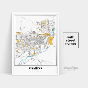 Impressão de mapa de Billings, impressão de nomes de ruas Billings, mapa de Billings para impressão, arte de mapa de cidade, arte de mapa de Billings Montana, pôster de presente de viagem