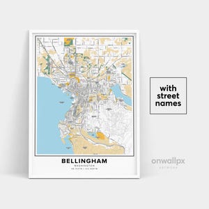 Impressão de mapa de Bellingham, impressão de nomes de ruas de Bellingham, mapa de Bellingham, arte de mapa da cidade, arte de mapa de Bellingham Washington, pôster de presente de viagem