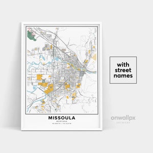 Impressão de mapa de Missoula, impressão de nomes de ruas Missoula, mapa para impressão de Missoula, arte de mapa de cidade, arte de mapa de Missoula Montana, pôster de presente de viagem
