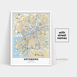 Göteborg Carte Imprimer, Noms de rue Göteborg Imprimer, Carte imprimable de Göteborg, Carte de la ville Art, Göteborg Suède Carte Art Voyage Gift Poster