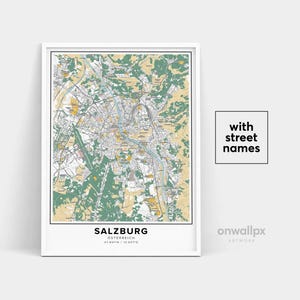 Impressão de mapa de Salzburgo, impressão de nomes de ruas de Salzburgo, mapa imprimível de Salzburgo, arte de mapa da cidade, arte de mapa de Salzburgo Áustria, pôster de presente de viagem