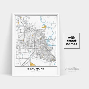 Impression de carte de Beaumont, impression de noms de rues de Beaumont, carte imprimable de Beaumont, art de carte de ville, art de carte de Beaumont au Texas, affiche de cadeau de voyage
