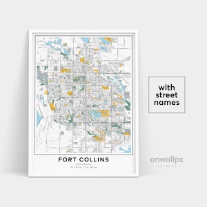 Impression de carte de Fort Collins, Noms de rues Fort Collins Print, Carte de Fort Collins, Art de la carte de la ville, Carte de Fort Collins Colorado, Affiche de cadeau de voyage