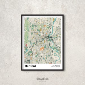 Affiche d’impression de carte de Hartford, Décor de carte de Hartford rétro, Art mural cadeau vintage de Hartford, Carte rétro Hartford Connecticut Wall Decor, RC96