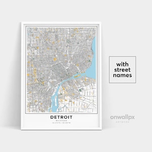 Detroit Karte Druck, Straßennamen Detroit Druck, Druckbare Karte von Detroit, Stadt Karte Kunst, Detroit Michigan Karte Kunst, ReiseGeschenk Poster