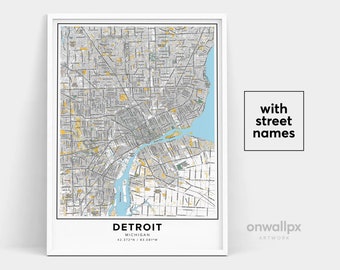 Detroit Map Print, Street Names Detroit Print, Printable Map Of Detroit, City Map Art, Detroit Michigan Map Art, Travel Gift Poster