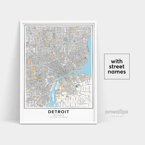 Detroit Map Print, Street Names Detroit Print, Printable Map Of Detroit, City Map Art, Detroit Michigan Map Art, Travel Gift Poster