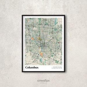 Affiche impression carte Columbus, décoration carte Columbus rétro, art mural cadeau Columbus vintage, décoration murale intérieure carte Columbus Ohio rétro, RC92