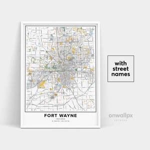 Impression de carte de Fort Wayne, impression de noms de rues de Fort Wayne, carte de Fort Wayne, art de carte de ville, art de carte de Fort Wayne Indiana, cadeau de voyage affiche