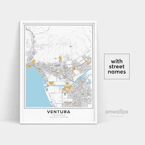 Impressão de mapa de Ventura, impressão de nomes de ruas de Ventura, mapa imprimível de Ventura, arte de mapa de cidade, arte de mapa de Ventura Califórnia, pôster de presente de viagem