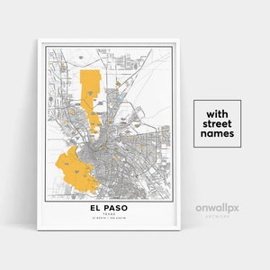 Impression de carte d'El Paso, impression d'El Paso de noms de rue, carte imprimable d'El Paso, art de carte de ville, art de carte d'El Paso au Texas, affiche de cadeau de voyage