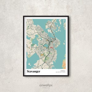 Affiche impression carte Stavanger, décoration carte Stavanger rétro, art cadeau Stavanger vintage, carte rétro de la ville de Stavanger en Norvège, décoration murale, RC89