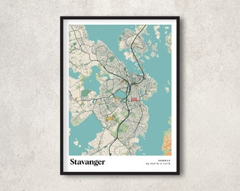 May include: A map print of Stavanger, Norway, with a blue background and a beige outline of the city. The city name and coordinates are printed in black at the bottom of the map.