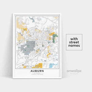 Impression de carte d'Auburn, impression d'Auburn noms de rue, carte imprimable d'Auburn, art de carte de ville, art de carte d'Auburn en Alabama, affiche de cadeau de voyage