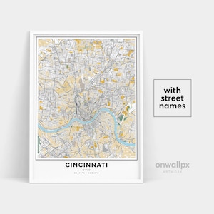 Impressão de mapa de Cincinnati, impressão de nomes de ruas de Cincinnati, mapa imprimível de Cincinnati, arte do mapa da cidade, arte do mapa de Cincinnati Ohio, pôster de presente de viagem