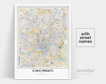 Cincinnati Map Art Print, Street Names, Travel Gift Poster