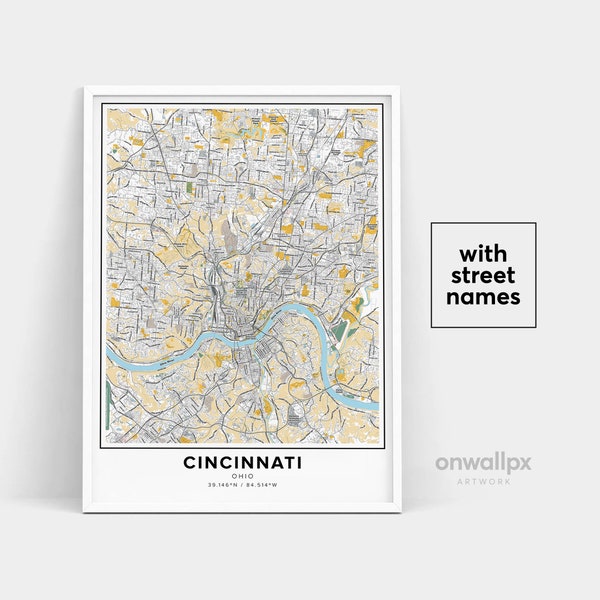 Cincinnati Map Print, Street Names Cincinnati Print, Printable Map Of Cincinnati, City Map Art, Cincinnati Ohio Map Art, Travel Gift Poster
