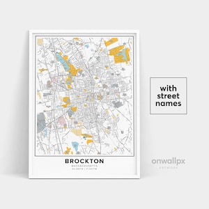 Impressão de mapa de Brockton, impressão de nomes de ruas de Brockton, mapa imprimível de Brockton, arte de mapa de cidade, arte de mapa de Brockton Massachusetts, pôster de presente de viagem