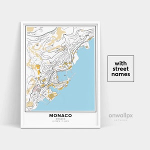 Impressão de mapa de Mônaco, impressão de nomes de ruas de Mônaco, mapa imprimível de Mônaco, arte de mapa da cidade, arte de mapa de Mônaco, pôster de presente de viagem