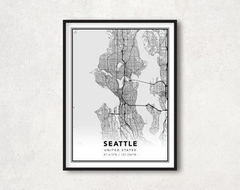Seattle City Map Print, Minimalist B&W Detailed City Streets Wall Art, Travel Gift Poster