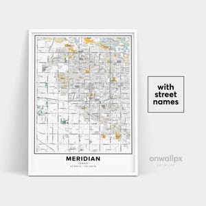 Impressão de mapa Meridian, nomes de ruas Impressão Meridian, mapa imprimível de Meridian, arte de mapa de cidade, arte de mapa Meridian Idaho, pôster de presente de viagem
