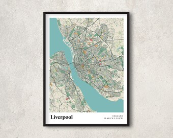 Liverpoolkarta, retro Liverpool-kartaaffisch, vintage Liverpool-kartakonst, presentkarta Liverpool England, Liverpool väggdekor, RC58