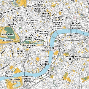 Peut inclure: Une carte d&eacute;taill&eacute;e de Londres, en Angleterre, avec divers monuments et points d'int&eacute;r&ecirc;t mis en &eacute;vidence. La carte pr&eacute;sente un sch&eacute;ma de couleurs jaune et bleu et comprend des &eacute;tiquettes de texte pour chaque emplacement, tels que Hyde Park, le palais de Buckingham et la Tate Modern.