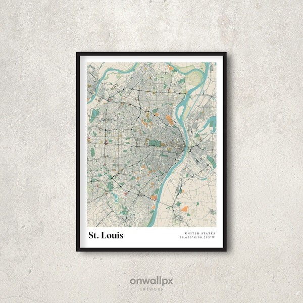 St. Louis Map Print Poster, Retro St. Louis Map Decor, Vintage St. Louis Gift Wall Art, Retro Map of St. Louis Missouri Wall Decor, RC41