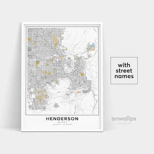 Impression de carte de Henderson, impression de Henderson des noms de rue, carte imprimable d'Henderson, art de carte de ville, art de carte de Henderson Nevada, affiche de cadeau de voyage