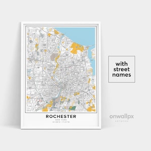 Impressão de mapa de Rochester, impressão de nomes de ruas Rochester, mapa para impressão de Rochester, arte do mapa da cidade, arte do mapa de Rochester Nova York, pôster de presente de viagem