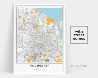 Impression de carte de Rochester, impression de noms de rues de Rochester, carte imprimable de Rochester, art de carte de ville, art de carte de Rochester New York, affiche de cadeau de voyage