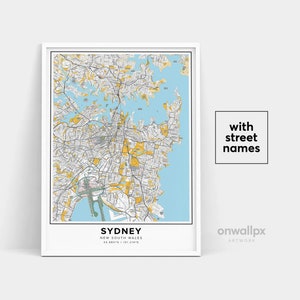 Impressão de mapa de Sydney, impressão de nomes de ruas de Sydney, mapa para impressão de Sydney, arte de mapa da cidade, arte de mapa de Sydney Nova Gales do Sul, pôster de presente de viagem