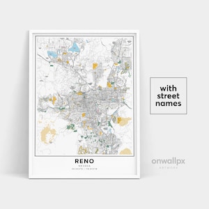 Impressão de mapa de Reno, nomes de ruas Impressão de Reno, mapa imprimível de Reno, arte do mapa da cidade, arte do mapa de Reno Nevada, pôster de presente de viagem