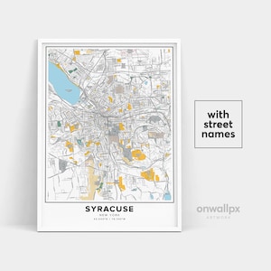 Impression de carte de Syracuse, impression de noms de rues de Syracuse, carte imprimable de Syracuse, art de carte de ville, art de carte de Syracuse New York, affiche de cadeau de voyage