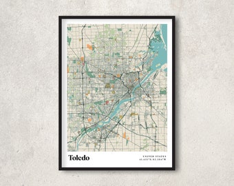 Poster con mappa di Toledo, decorazione con mappa retrò di Toledo, regalo vintage per la parete di Toledo, decorazione da parete per interni con mappa retrò di Toledo, Ohio